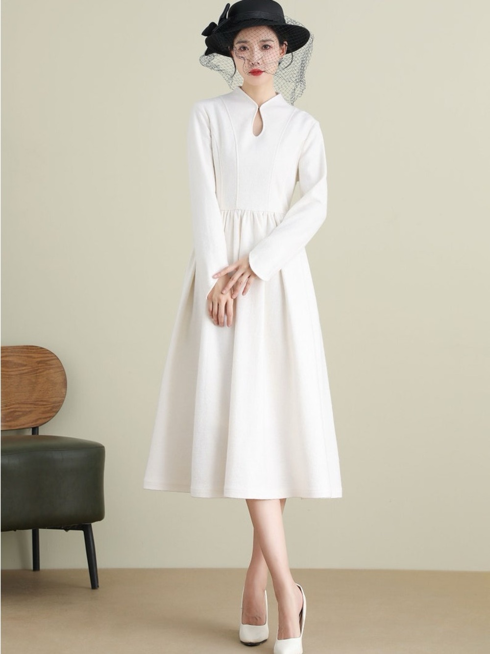 White Wool Midi A-Line Dress Mandarin Collar Handmade Xiaolizi Wedding Dress M